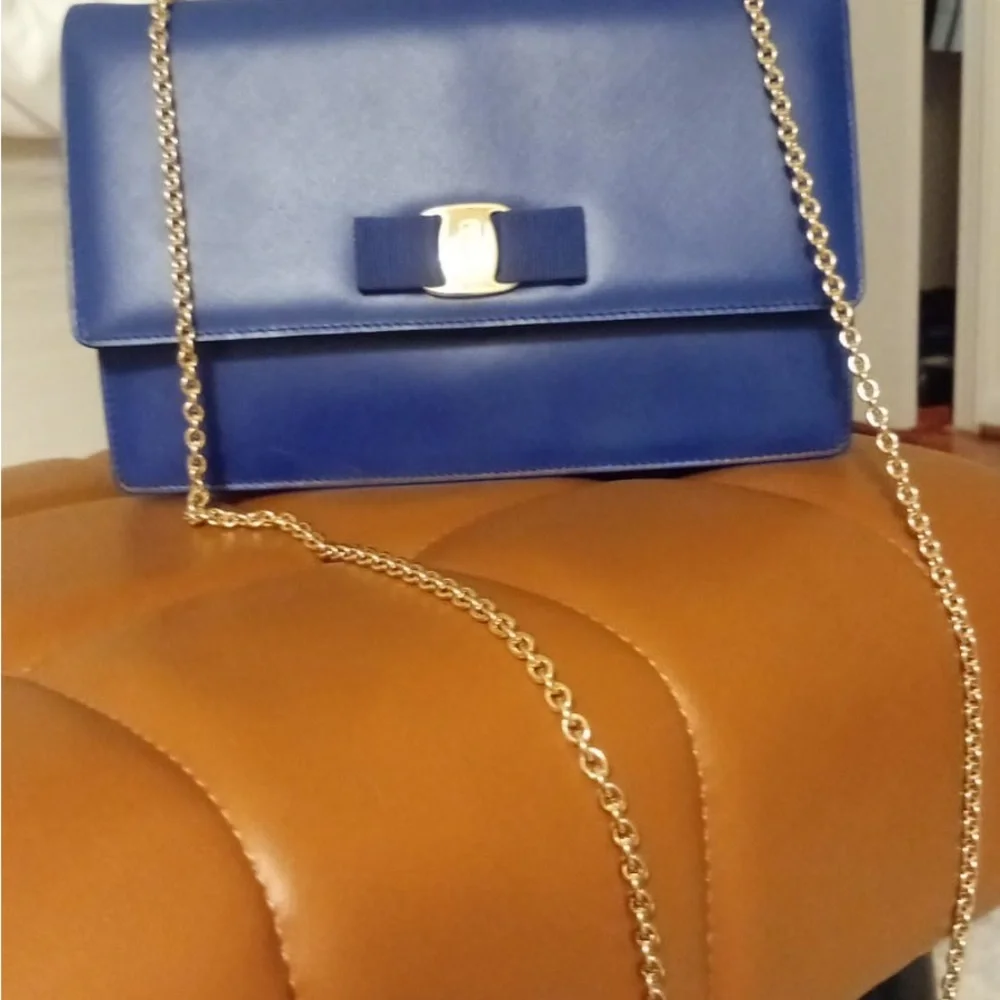 Salvatore Ferragamo Blue and Gold Clutch with Bow Detail - Picture 3 of 5